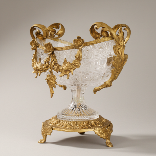 Baroque Handcrafted Crystal and Brass Candy Dish Floral Garland Footed Centerpiece Antique Front | Brass & Wood