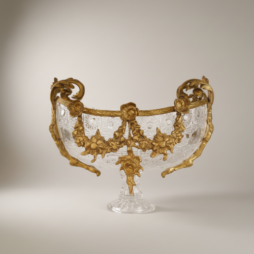 Baroque Handcrafted Crystal and Brass Candy Dish Floral Garland Footed Centerpiece Antique Front | Brass & Wood