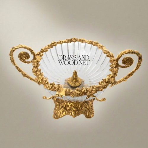 Baroque Handcrafted Crystal and Brass Candy Dish Ornate Scrolled Handle Urn Brass and Wood Gold Front | Brass & Wood