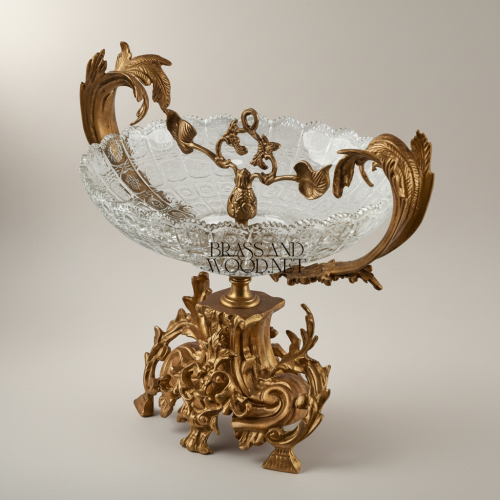 Baroque Handcrafted Crystal and Brass Centerpiece Bowl with Ornate Acanthus Leaf Sculpted Pedestal Antique Front | Brass & Wood