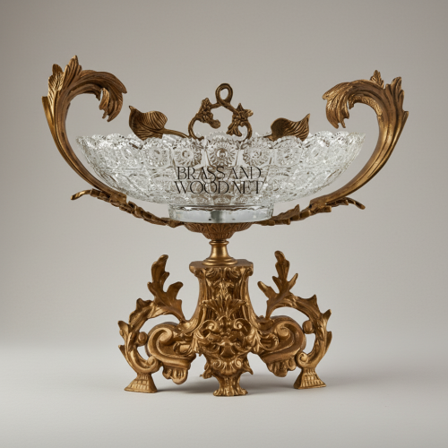 Baroque Handcrafted Crystal and Brass Centerpiece Bowl with Ornate Acanthus Leaf Sculpted Pedestal Antique Front | Brass & Wood