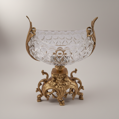 Baroque Handcrafted Crystal Brass Centerpiece Bowl Figural Handles Rococo Ornate Base Brass and Wood Antique Front | Brass & Wood