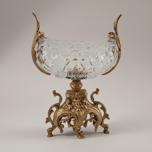 Baroque Handcrafted Crystal Brass Centerpiece Bowl Figural Handles Rococo Ornate Base Brass and Wood Antique Front | Brass & Wood
