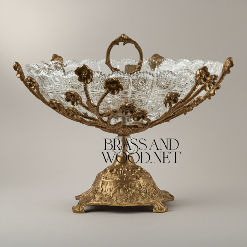 Baroque Handcrafted Crystal and Brass Centerpiece Bowl Floral Filigree Pedestal Brass and Wood Antique Front | Brass & Wood