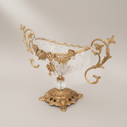 Baroque Handcrafted Crystal Brass Centerpiece Bowl Ornate Floral Handles Classical Stand Antique Front | Brass & Wood