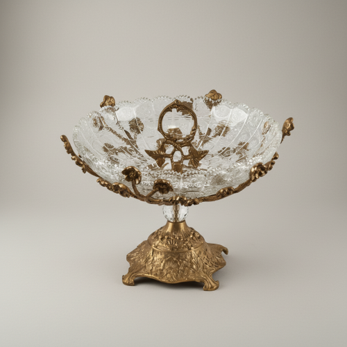 Baroque Handcrafted Crystal and Brass Centerpiece Bowl Floral Filigree Pedestal Brass and Wood Antique Front | Brass & Wood