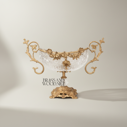 Baroque Handcrafted Crystal Brass Centerpiece Bowl Ornate Floral Handles Classical Stand Antique Front | Brass & Wood