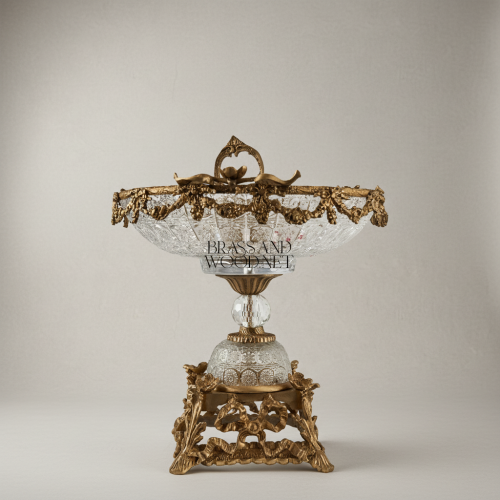 Baroque Handcrafted Crystal Brass Centerpiece Bowl Grapevine Swag Figural Pedestal Antique Front | Brass & Wood