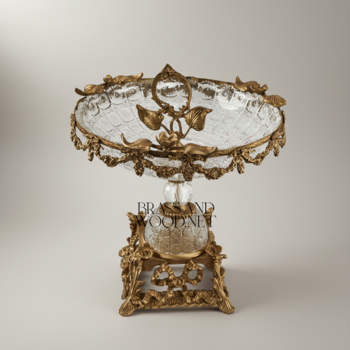 Baroque Handcrafted Crystal Brass Centerpiece Bowl Grapevine Swag Figural Pedestal Antique Front | Brass & Wood