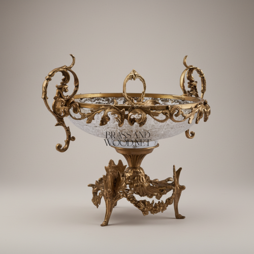 Baroque Handcrafted Crystal Brass Centerpiece Bowl Ornate Scrollwork Pedestal Antique Front | Brass & Wood