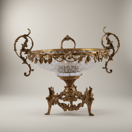 Baroque Handcrafted Crystal Brass Centerpiece Bowl Ornate Scrollwork Pedestal Antique Front | Brass & Wood