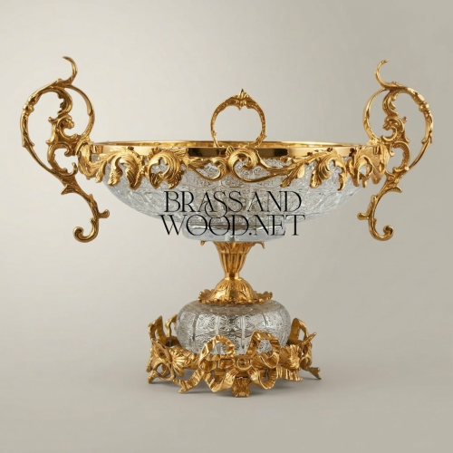 Baroque Handcrafted Crystal and Brass Centerpiece Bowl with Ornate Scrolled Handles and Floral Base Gold Front | Brass & Wood