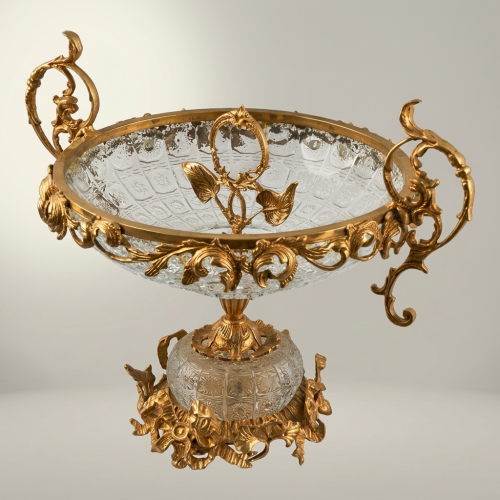 Baroque Handcrafted Crystal and Brass Centerpiece Bowl with Ornate Scrolled Handles and Floral Base Gold Front | Brass & Wood
