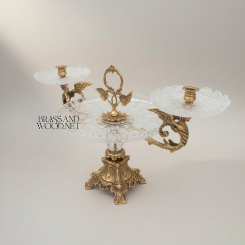 Baroque Handcrafted Crystal and Brass Centerpiece Tray with Dual Eagle Candle Arms on Ornate Pedestal Antique Front | Brass & Wood