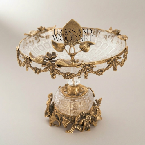Baroque Crystal Brass Compote Bowl Floral Swag Pedestal Luxury Handcrafted Brass and Wood Antique Front | Brass & Wood