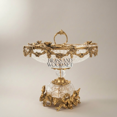 Baroque Crystal Brass Compote Bowl Floral Swag Pedestal Luxury Handcrafted Brass and Wood Antique Front | Brass & Wood