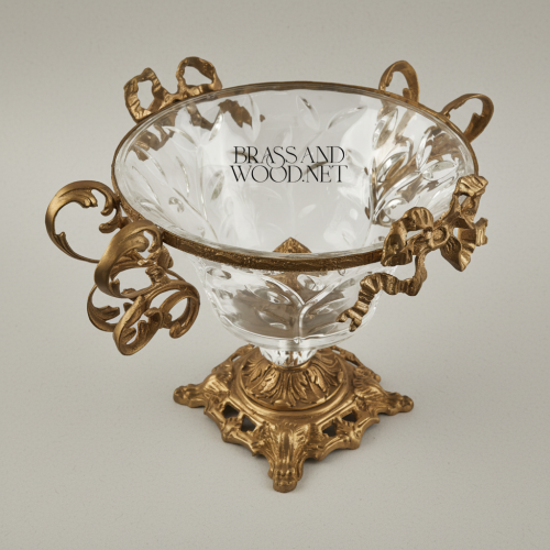 Baroque Crystal Brass Compote Bowl Scrollwork Handles Ribbon Crown Brass and Wood Antique Front | Brass & Wood