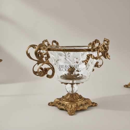 Baroque Crystal Brass Compote Bowl Scrollwork Handles Ribbon Crown Brass and Wood Antique Front | Brass & Wood