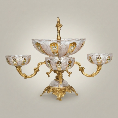 Baroque Tiered Crystal Brass Epergne Centerpiece Floral Etched Bowls Ornate Stand Brass and Wood Gold Front | Brass & Wood