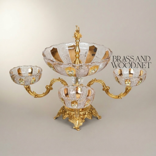 Baroque Tiered Crystal Brass Epergne Centerpiece Floral Etched Bowls Ornate Stand Brass and Wood Gold Front | Brass & Wood