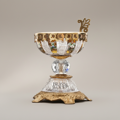 Baroque Crystal Brass Incense Burner Enamel Floral Inlay Faceted Globe Stem Ornate Ormolu Base Antique Gold Front | Brass & Wood