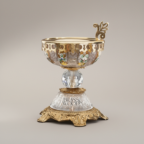 Baroque Crystal Brass Incense Burner Enamel Floral Inlay Faceted Globe Stem Ornate Ormolu Base Antique Gold Front | Brass & Wood