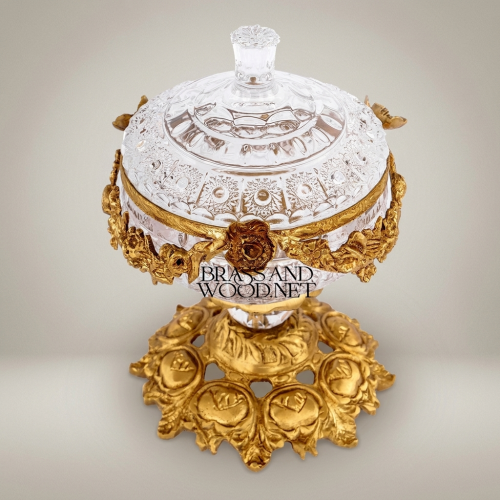 Baroque Handcrafted Crystal Brass Lidded Candy Bowl Floral Garland Pedestal Brass and Wood Gold Front | Brass & Wood