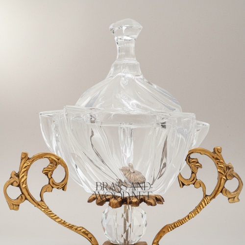 Baroque Crystal Lidded Candy Bowl with Ornate Brass Scrollwork Pedestal Brass and Wood Antique Front | Brass & Wood