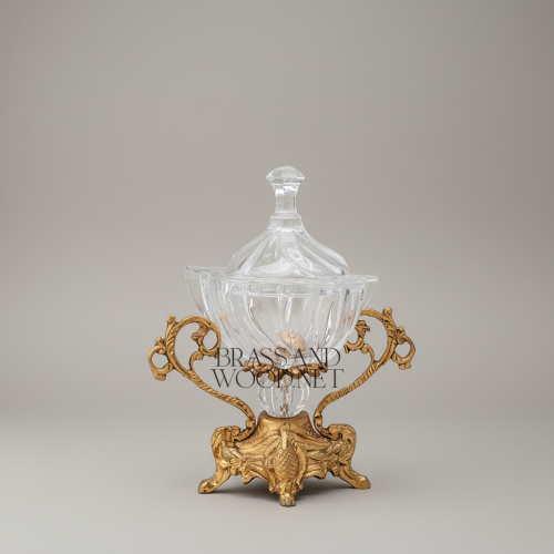 Baroque Crystal Lidded Candy Bowl with Ornate Brass Scrollwork Pedestal Brass and Wood Antique Front | Brass & Wood