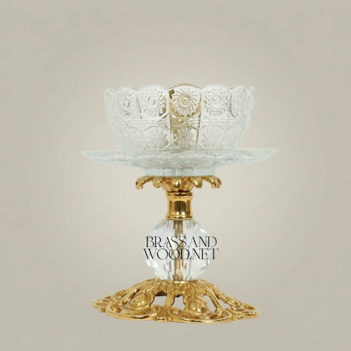 Baroque Crystal & Brass Pedestal Ashtray with Ornate Pierced Base
