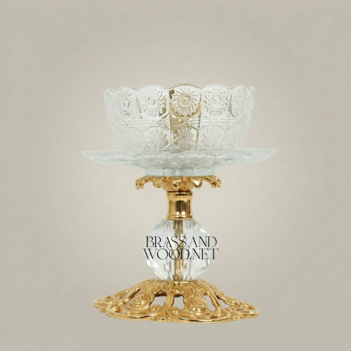 Baroque Crystal & Brass Pedestal Ashtray with Ornate Pierced Base