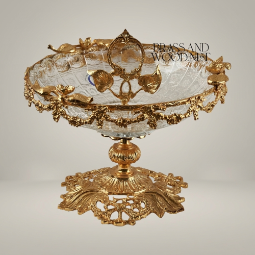 Baroque Crystal Brass Pedestal Candy Dish Floral Garland Ring Handle Ornate Bonbonniere Brass and Wood Gold Front | Brass & Wood