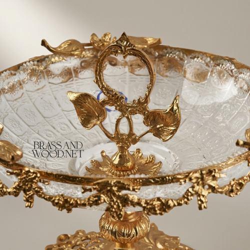 Baroque Crystal Brass Pedestal Candy Dish Floral Garland Ring Handle Ornate Bonbonniere Brass and Wood Gold Front | Brass & Wood