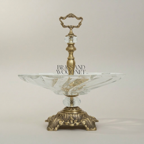 Baroque Single-Tier Crystal Candy Dish Ornate Brass Pedestal Base Brass and Wood Antique Front | Brass & Wood