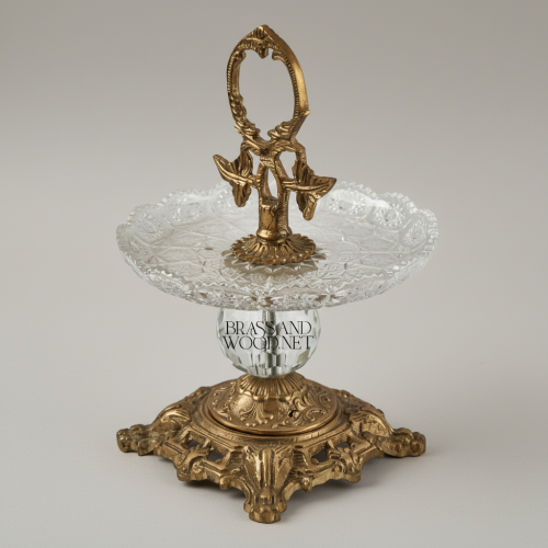Baroque Single-Tier Crystal Brass Candy Dish Ornate Leaf Handle Rococo Bonbonniere Antique Front | Brass & Wood