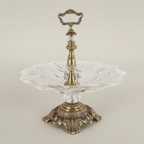 Baroque Single-Tier Crystal Candy Dish Ornate Brass Pedestal Base Brass and Wood Antique Front | Brass & Wood