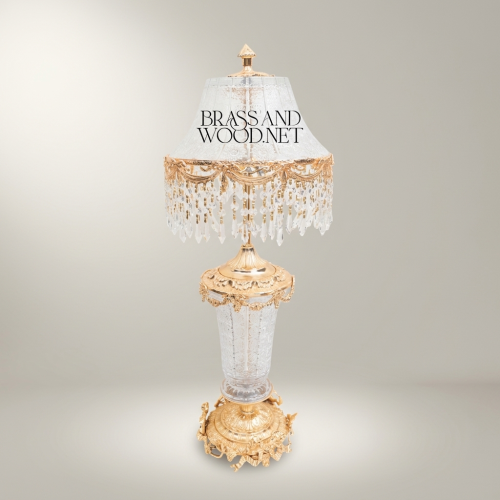 Baroque Handcrafted Crystal and Brass Table Lamp with Crystal Fringe Shade and Ornate Brass Base – Brass and Wood Gold Front | Brass & Wood