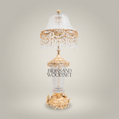 Baroque Handcrafted Crystal and Brass Table Lamp with Crystal Fringe Shade and Ornate Brass Base – Brass and Wood Gold Front | Brass & Wood