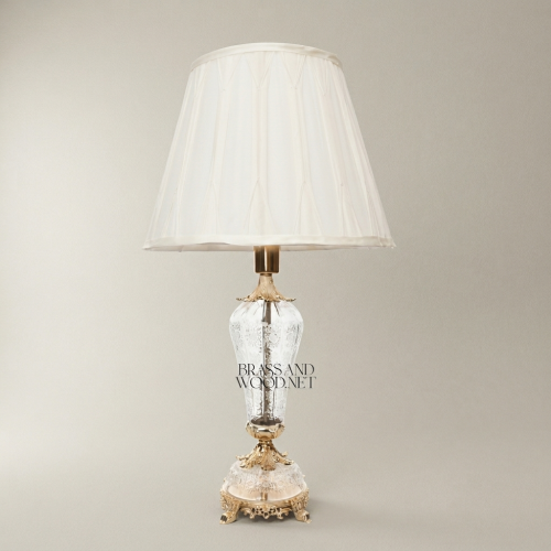 Baroque Hand-Engraved Crystal Brass Table Lamp Ornate Urn Body Fabric Shade Gold Front | Brass & Wood