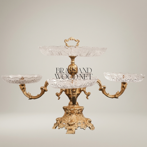 Baroque Tiered Crystal and Brass Centerpiece Stand with Ornate Side Trays Gold Front | Brass & Wood