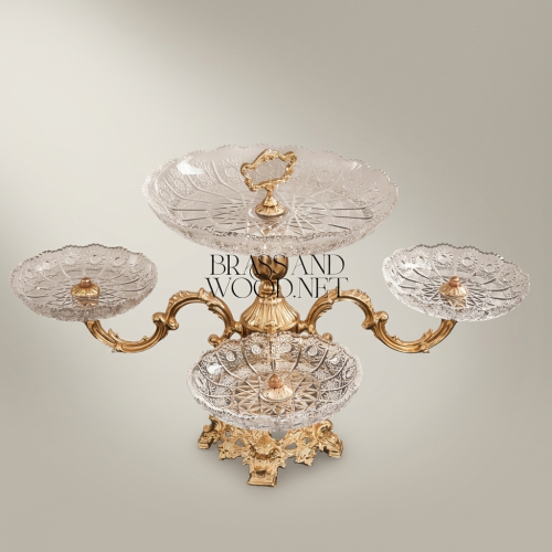 Baroque Tiered Crystal and Brass Centerpiece Stand with Ornate Side Trays Gold Front | Brass & Wood
