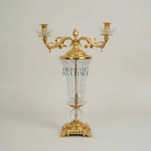 Baroque Crystal & Brass Two-Arm Candelabra with Engraved Urn Body