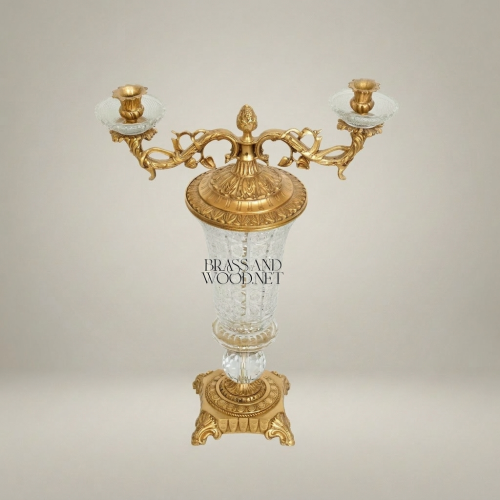 Baroque Crystal & Brass Two-Arm Candelabra with Engraved Urn Body