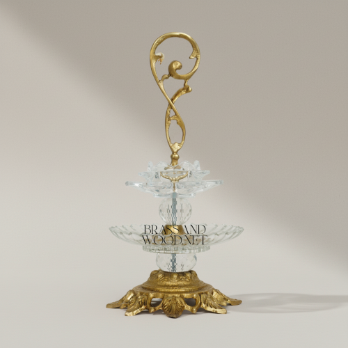 Baroque Two-Tier Crystal and Brass Bonbonniere Ornate Scroll Handle Acanthus Base Antique Front | Brass & Wood