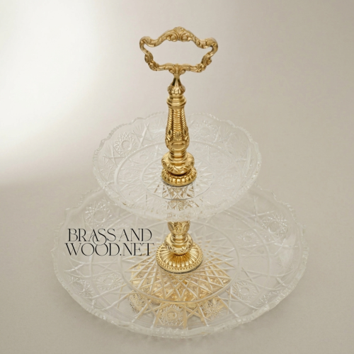 Two-Tier Baroque Crystal and Brass Serving Stand with Ornate Scrolled Handle Gold Front | Brass & Wood