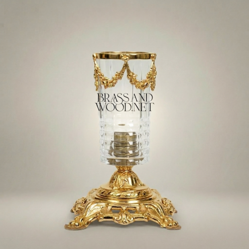 Baroque Crystal Candle Holder with Floral Swag Brass Base
