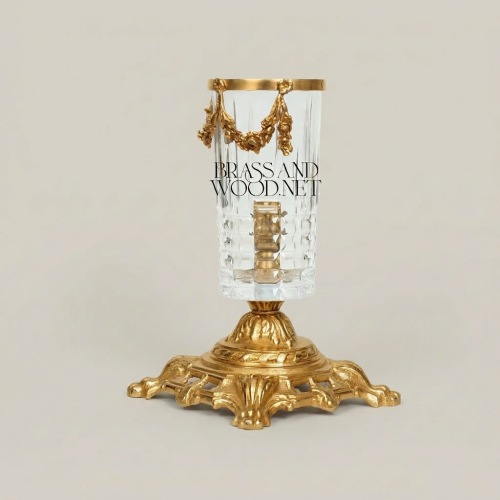 Baroque Crystal Candle Holder with Floral Swag Brass Base