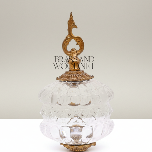Baroque Handcrafted Crystal Candy Dish Ornate Brass Finial Sculpted Pedestal Base Brass and Wood Antique Front | Brass & Wood