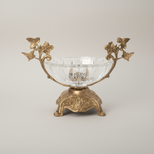 Baroque Handcrafted Crystal Candy Dish Ornate Brass Stand Leaf Handles Luxury Centerpiece Antique Front | Brass & Wood