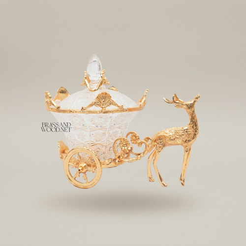 Baroque Crystal Carriage Candy Dish with Stag Figurine — Ornate Lidded Decorative Bowl